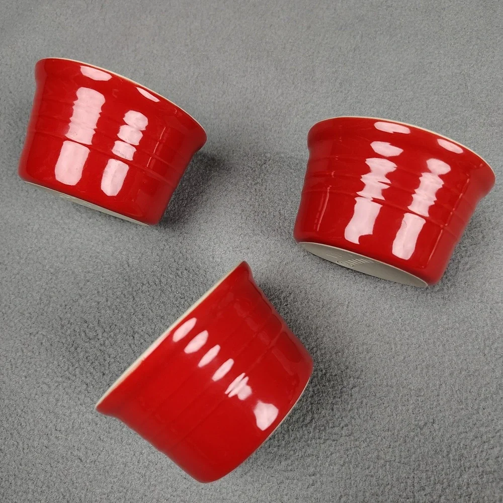Le Creuset Ramekin Set (3) Cherry Red Stoneware Stackable Ribbed 12-24 Excellent